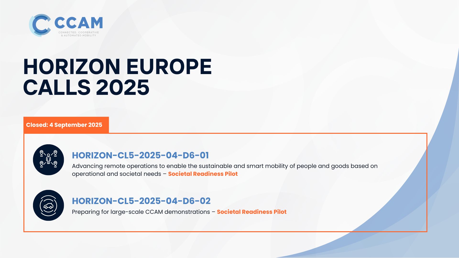 Submission results to the 2025 Horizon Europe CCAM Calls